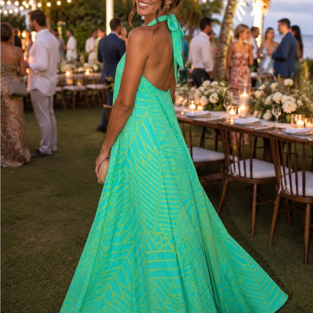 Manuheali’i Green Tropical Halter Maxi Dress